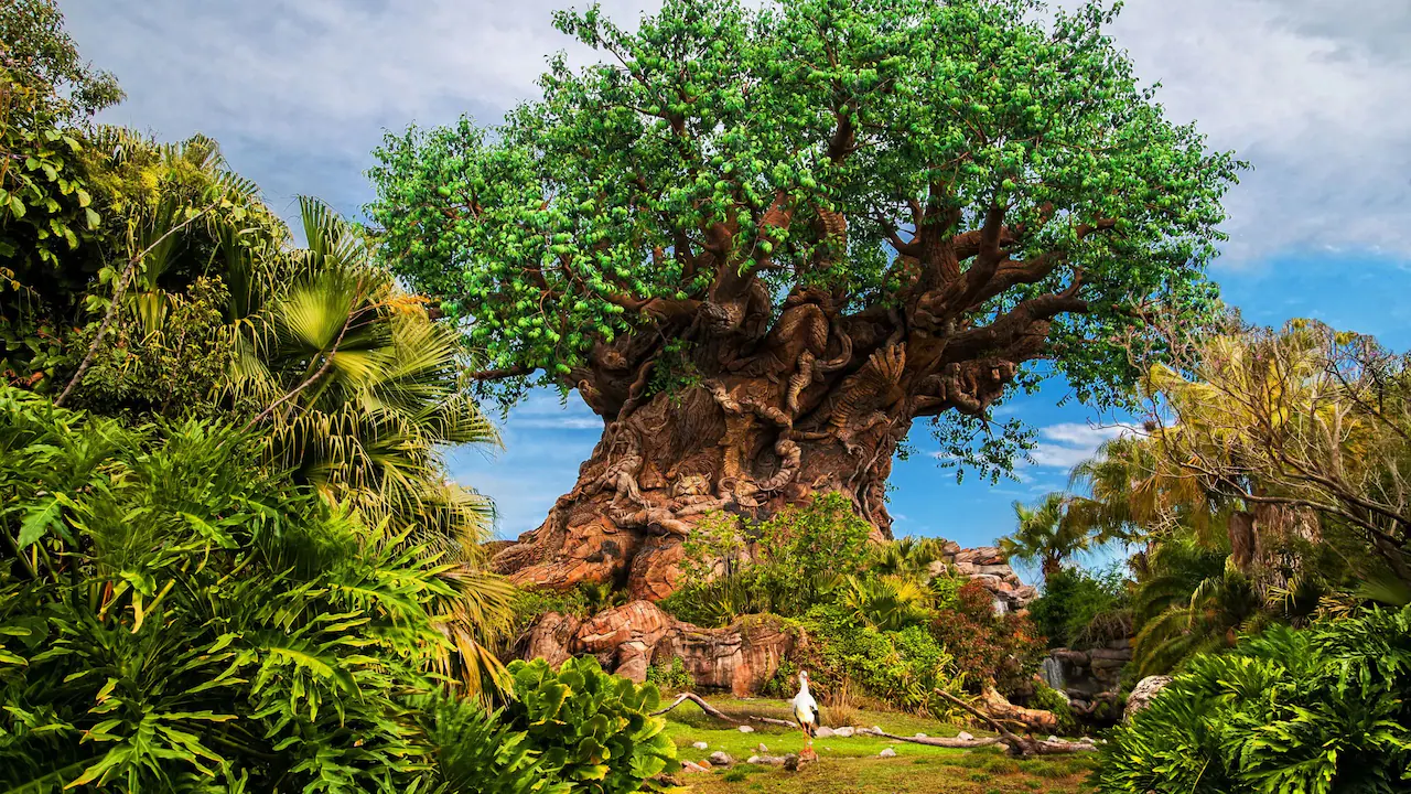Árbol de la Vida en parque Animal Kingdom en el Walt Disney World Resort en Orlando, Florida. Rodeado de vegetación y cielo azul.